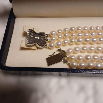 TASAKI White Pearl 3-Row Necklace featuring three rows of 4mm baby white pearls at 42cm length