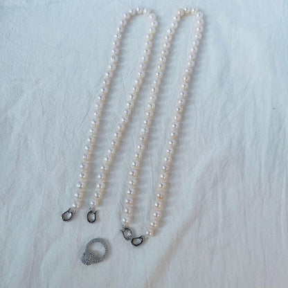 Double layer genuine freshwater pearl necklace 95cm long with 7-8mm white pearls and thick luster
