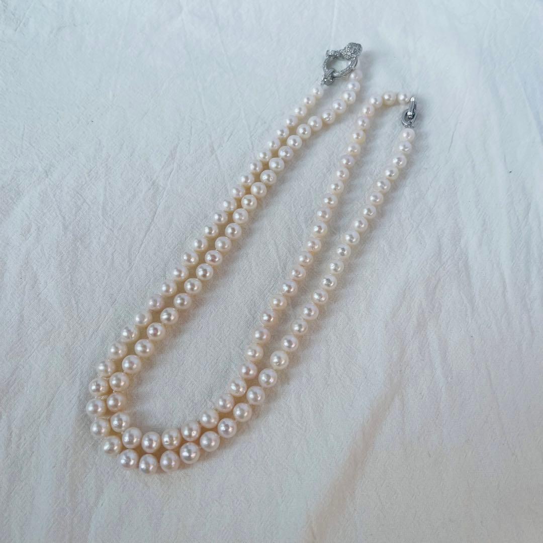 Double layer genuine freshwater pearl necklace 95cm long with 7-8mm white pearls and thick luster