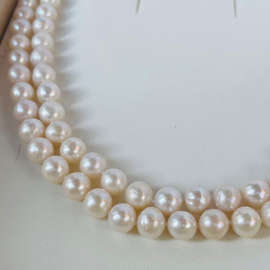 Double layer genuine freshwater pearl necklace 95cm long with 7-8mm white pearls and thick luster
