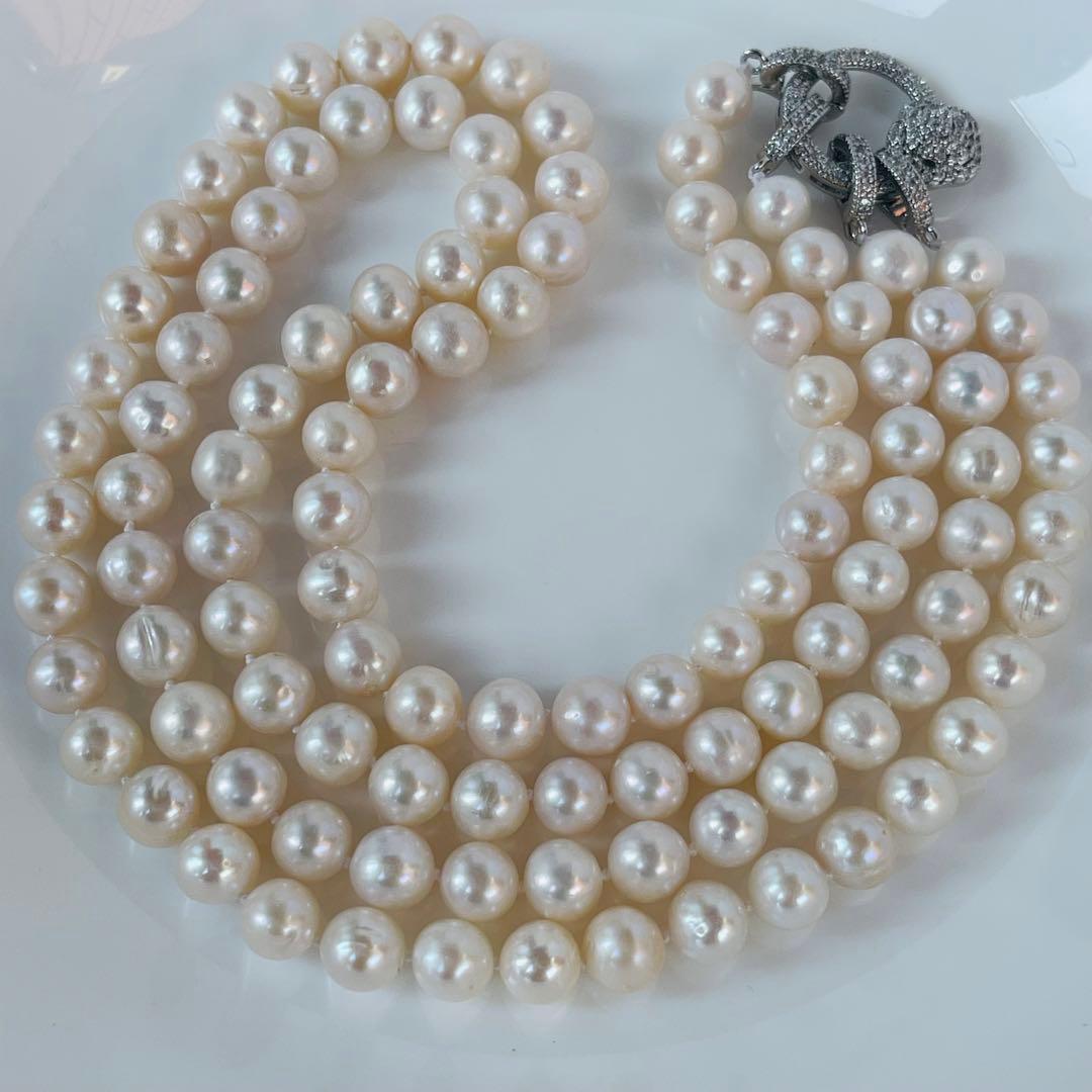 Double layer genuine freshwater pearl necklace 95cm long with 7-8mm white pearls and thick luster