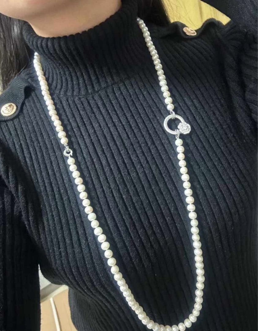 Double layer genuine freshwater pearl necklace 95cm long with 7-8mm white pearls and thick luster