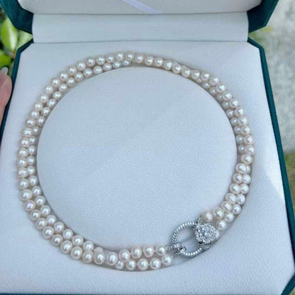 Double layer genuine freshwater pearl necklace 95cm long with 7-8mm white pearls and thick luster