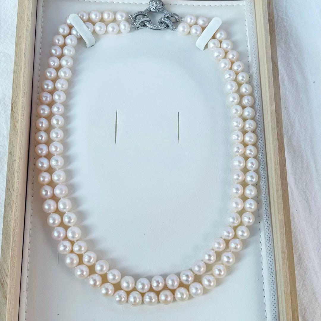 Double layer genuine freshwater pearl necklace 95cm long with 7-8mm white pearls and thick luster