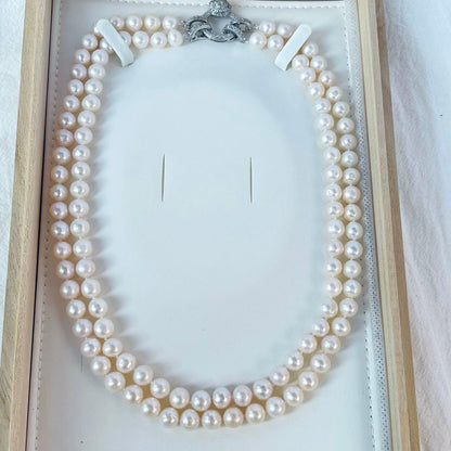 Double layer genuine freshwater pearl necklace 95cm long with 7-8mm white pearls and thick luster