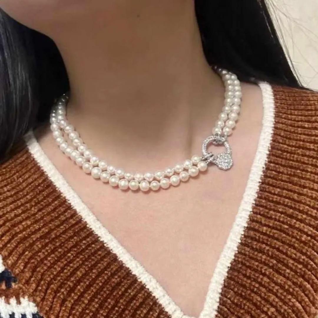 Double layer genuine freshwater pearl necklace 95cm long with 7-8mm white pearls and thick luster