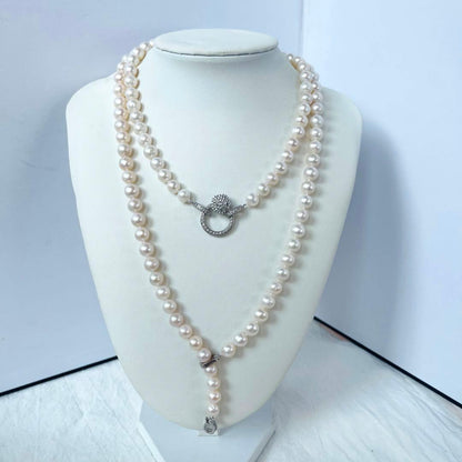 Double layer genuine freshwater pearl necklace 95cm long with 7-8mm white pearls and thick luster