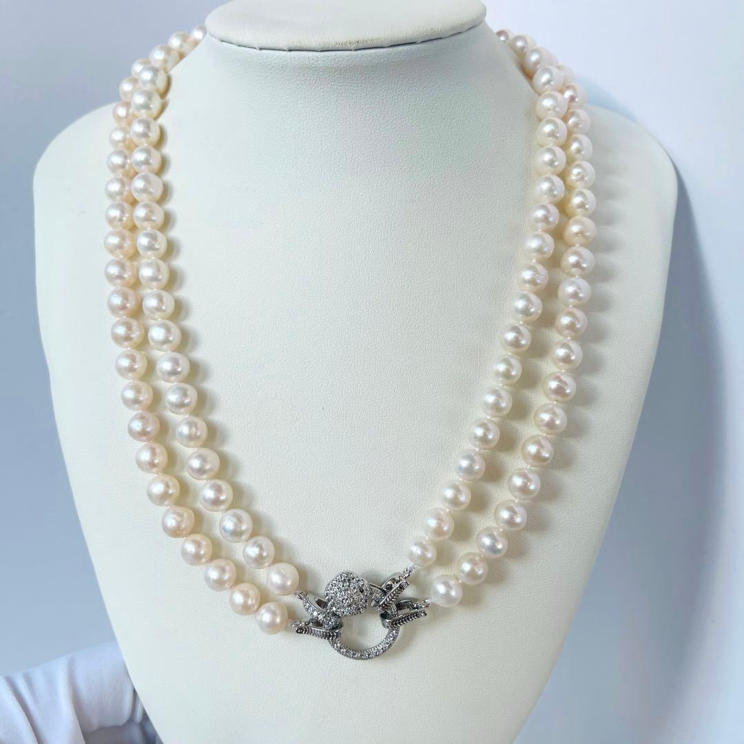 Double layer genuine freshwater pearl necklace 95cm long with 7-8mm white pearls and thick luster