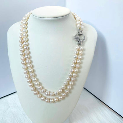 Double layer genuine freshwater pearl necklace 95cm long with 7-8mm white pearls and thick luster