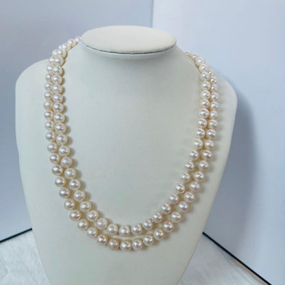 Double layer genuine freshwater pearl necklace 95cm long with 7-8mm white pearls and thick luster