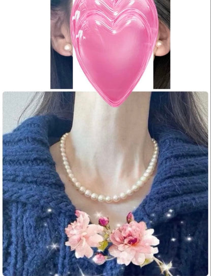 Tsutsumi Aurora Akoya pearl necklace and matching earrings with 8mm round pink-green pearls and silver clasps