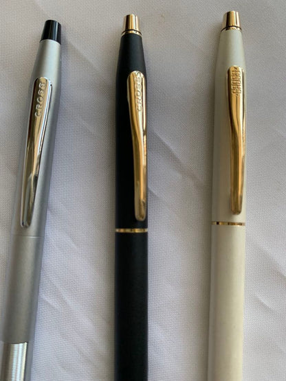 CROSS ballpoint pen set with two pens in black and white and one silver mechanical pencil