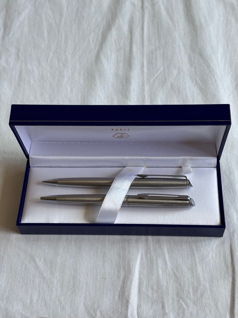 Waterman silver ballpoint pen and mechanical pencil set with stainless steel finish and included case
