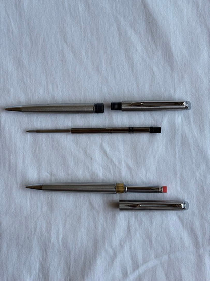 Waterman silver ballpoint pen and mechanical pencil set with stainless steel finish and included case
