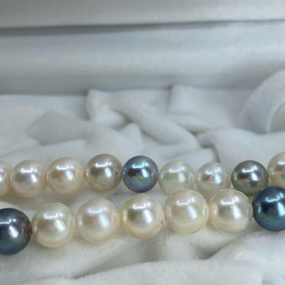 Multicolor Akoya pearl necklace with silver clasp featuring pearls from 4.0mm to 9.1mm in size