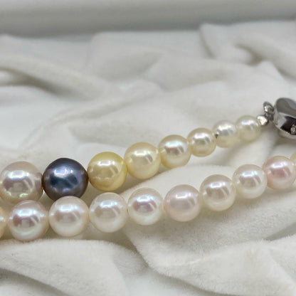Multicolor Akoya pearl necklace with silver clasp featuring pearls from 4.0mm to 9.1mm in size