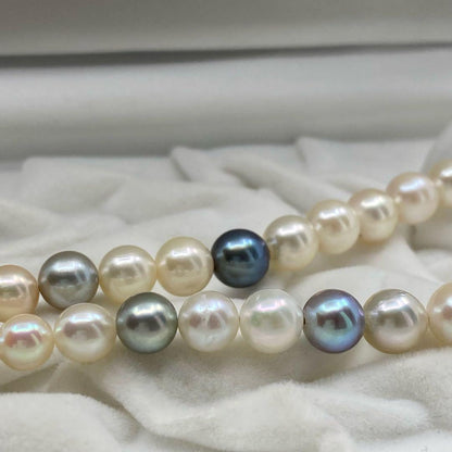 Multicolor Akoya pearl necklace with silver clasp featuring pearls from 4.0mm to 9.1mm in size