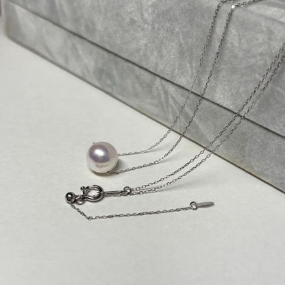 K18WG necklace with a single 8mm white pink Akoya genuine pearl on 18 karat white gold mounting