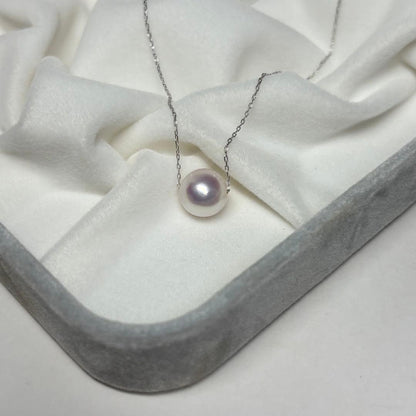 K18WG necklace with a single 8mm white pink Akoya genuine pearl on 18 karat white gold mounting