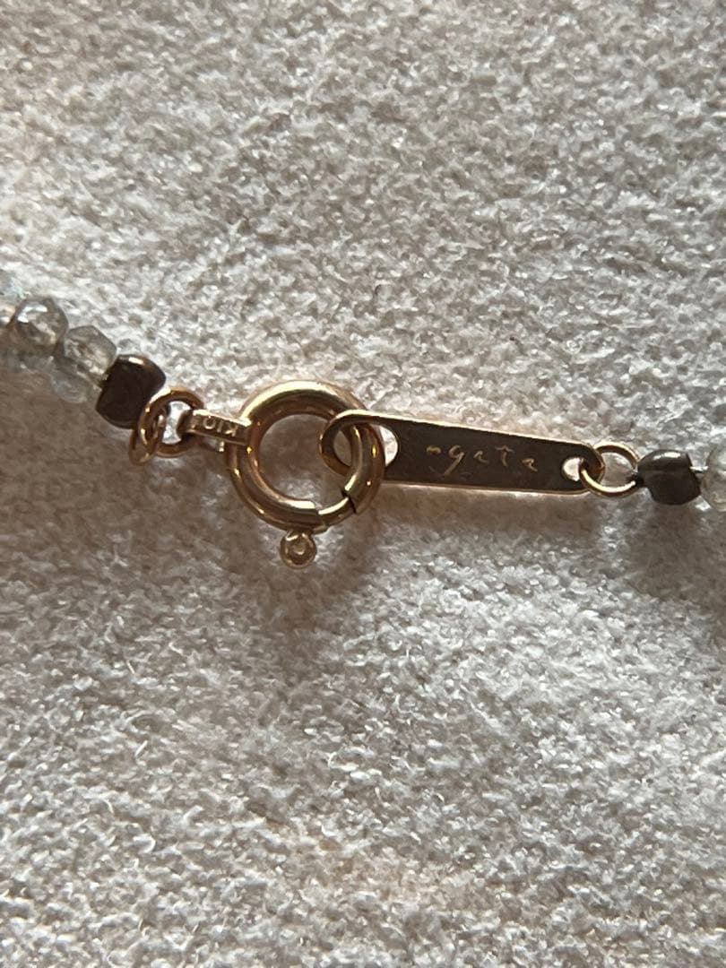 Agete silver long necklace with gray labradorite stone and K10 gold clasp with engraving