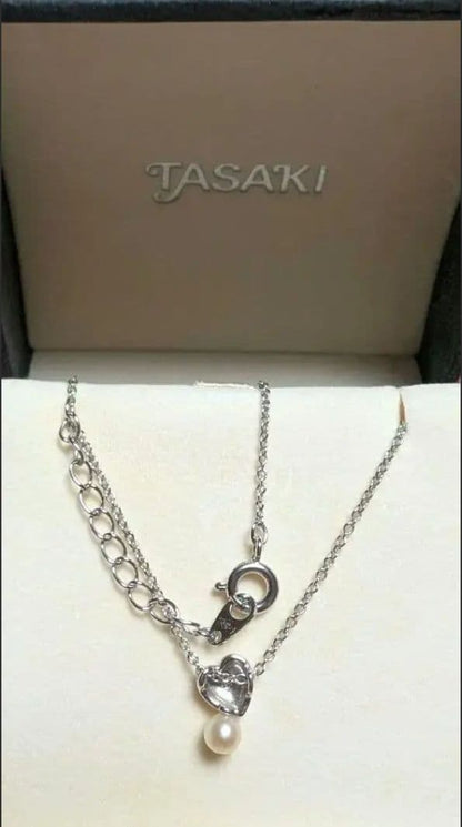 TASAKI heart-shaped silver necklace with a single pearl pendant on adjustable 38-42cm chain