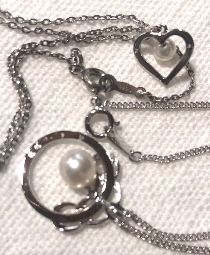 Mikimoto Pearl Necklace Silver Heart Choker with five delicate chains and silver heart pendant featuring small pearls