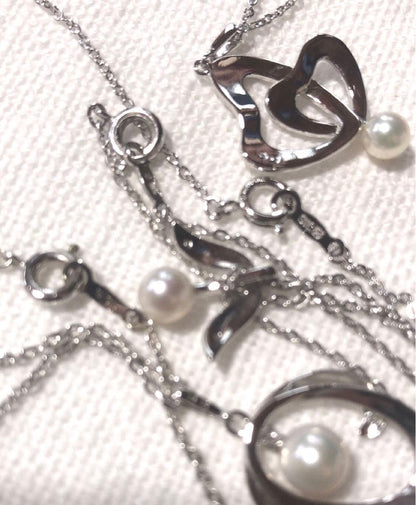 Mikimoto Pearl Necklace Silver Heart Choker with five delicate chains and silver heart pendant featuring small pearls