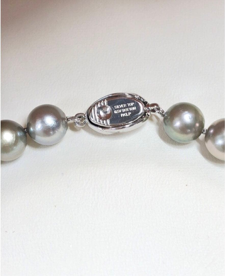Akoya pearl necklace with gray semi round pearls 8-8.5mm and silver one-touch clasp