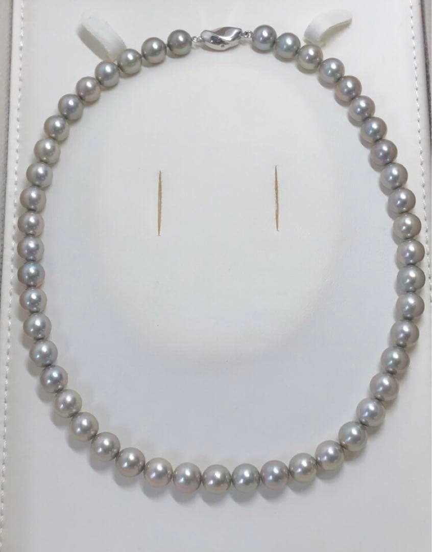 Akoya pearl necklace with gray semi round pearls 8-8.5mm and silver one-touch clasp