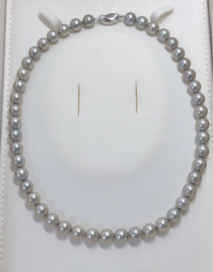 Akoya pearl necklace with gray semi round pearls 8-8.5mm and silver one-touch clasp