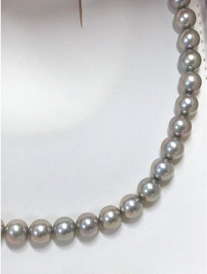 Akoya pearl necklace with gray semi round pearls 8-8.5mm and silver one-touch clasp