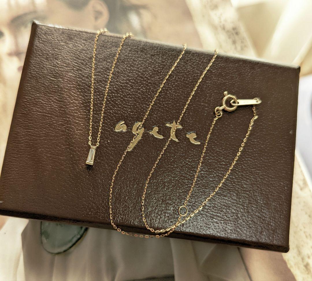 Agate K10 tapered baguette cut diamond necklace square with 40cm chain and delicate diamond details
