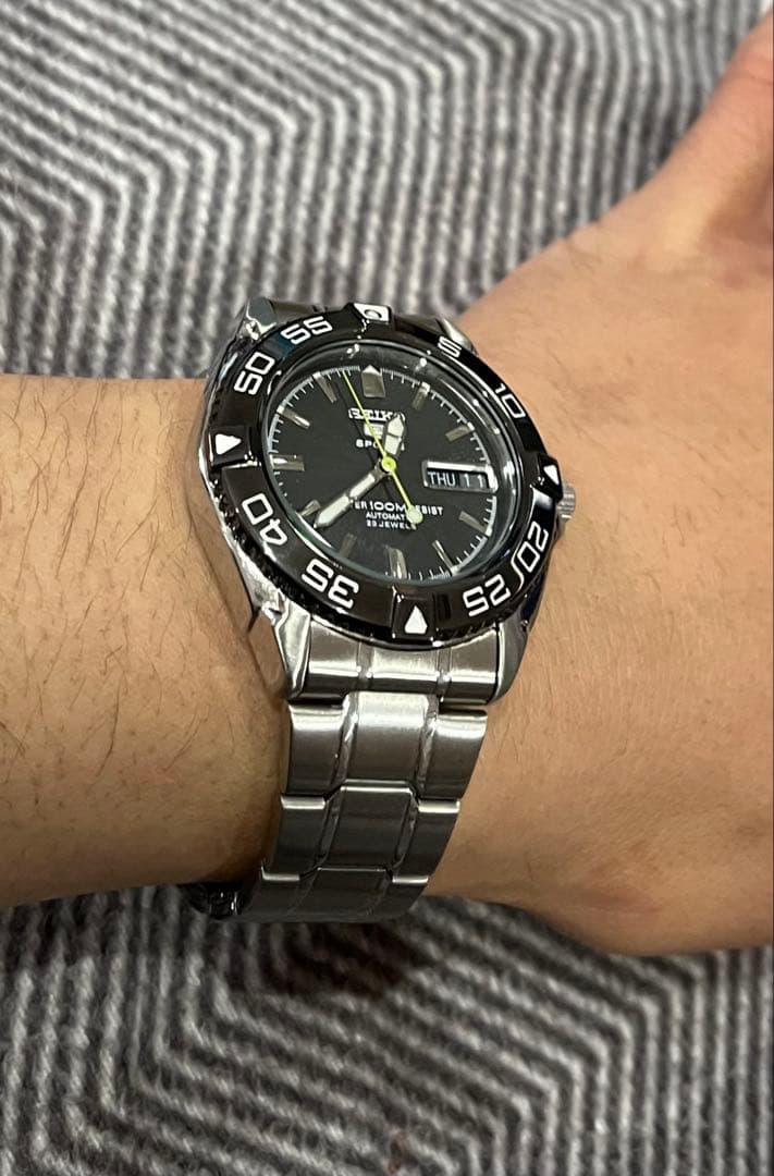 SEIKO 5 Sports Black Bezel Silver Bracelet Automatic Men's Watch — Japanese