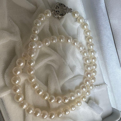 Honora Akoya Pearl Necklace featuring 6.7mm white pearls and a flower-shaped silver clasp, 42cm length