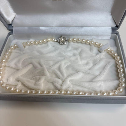 Honora Akoya Pearl Necklace featuring 6.7mm white pearls and a flower-shaped silver clasp, 42cm length