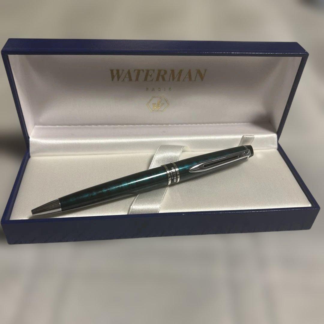 WATERMAN green ballpoint pen with marble pattern and dedicated case shown on white background