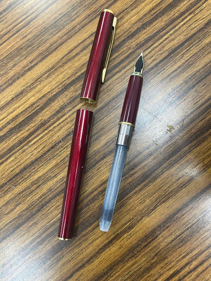 PILOT burgundy fountain pen with 14K gold fine nib displayed on white background