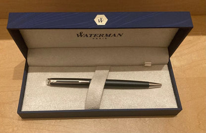 WATERMAN black ballpoint pen made of metal displayed with its gift box