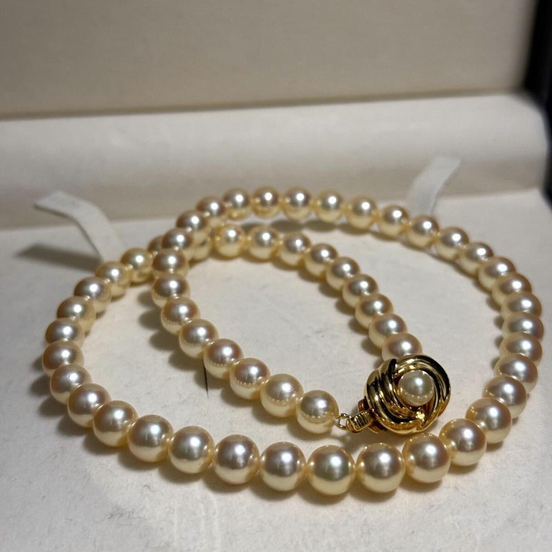 Tasaki Golden Pearl Akoya pearl necklace with 7.0-7.5 mm pearls and silver clasp on a 43 cm chain