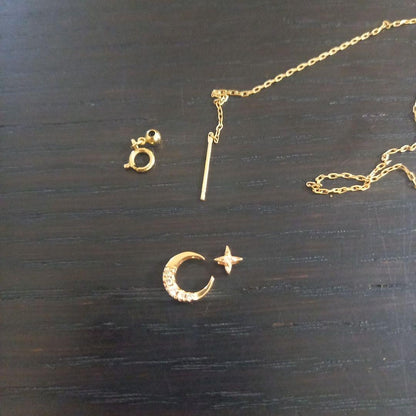 Agete Necklace 3way K10 gold with moon and star motifs on adjustable chain
