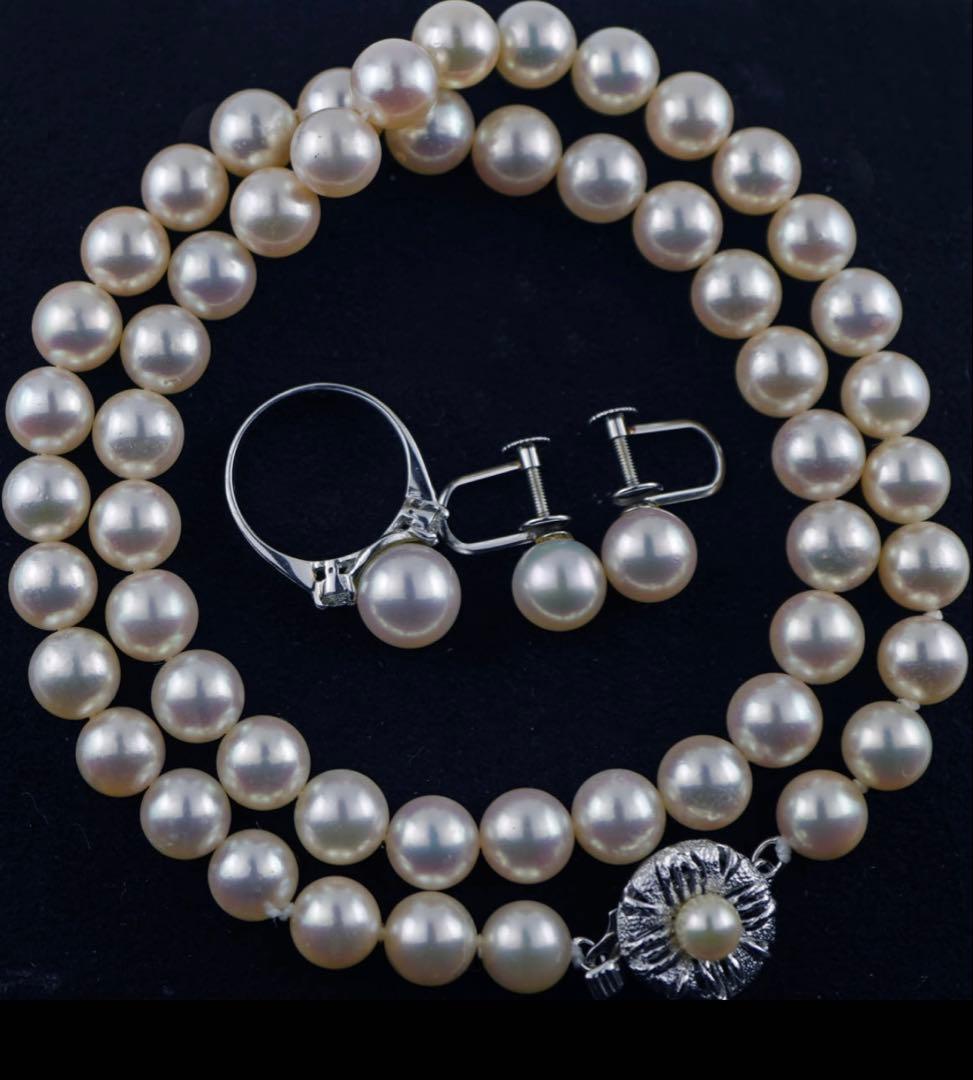 Akoya pearl jewelry set with 8.0mm necklace, pt900 diamond ring, and Pt850 earrings