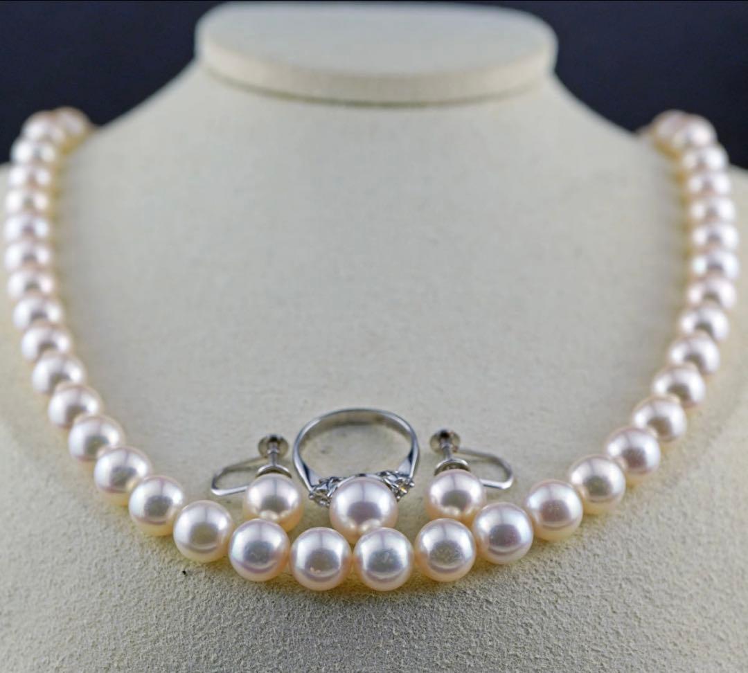 Akoya pearl jewelry set with 8.0mm necklace, pt900 diamond ring, and Pt850 earrings