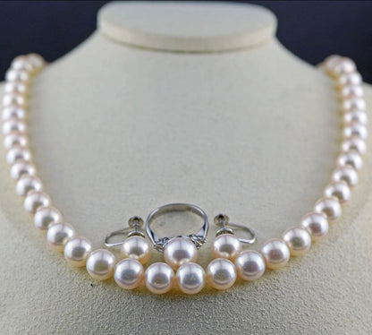 Akoya pearl jewelry set with 8.0mm necklace, pt900 diamond ring, and Pt850 earrings