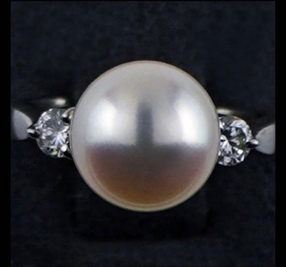 Akoya pearl jewelry set with 8.0mm necklace, pt900 diamond ring, and Pt850 earrings