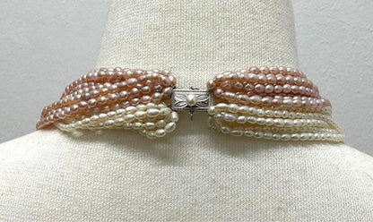 Kuro Pearls 16-strand freshwater pearl necklace with pink white K14WG clasp, approximately 60 cm long