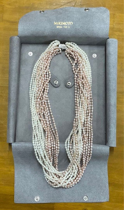Kuro Pearls 16-strand freshwater pearl necklace with pink white K14WG clasp, approximately 60 cm long