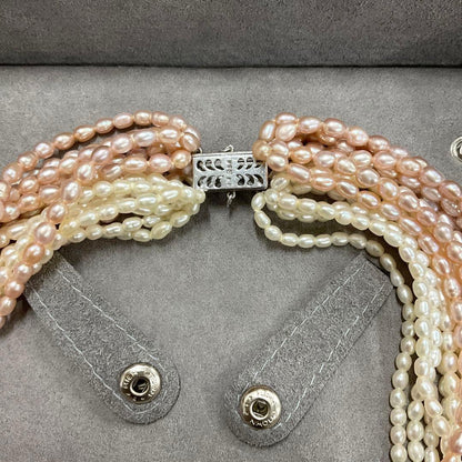 Kuro Pearls 16-strand freshwater pearl necklace with pink white K14WG clasp, approximately 60 cm long