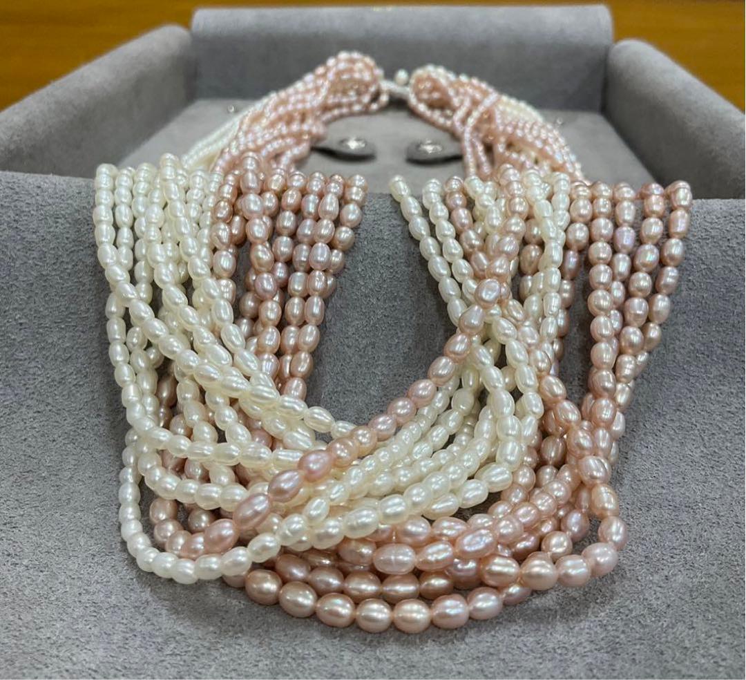 Kuro Pearls 16-strand freshwater pearl necklace with pink white K14WG clasp, approximately 60 cm long