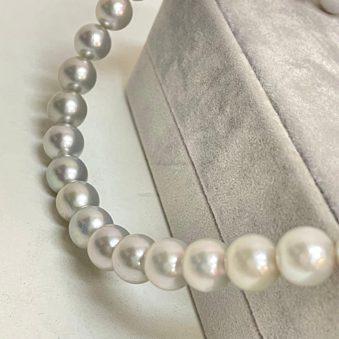 Akoya pearl necklace with natural blue gray pearls sized 8.1 to 8.7mm and silver clasp on 47cm chain