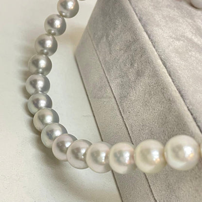 Akoya pearl necklace with natural blue gray pearls sized 8.1 to 8.7mm and silver clasp on 47cm chain